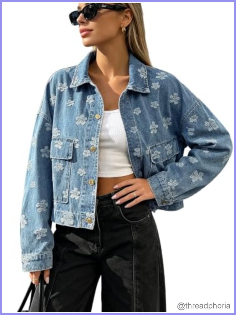 Trendy Floral Cropped Denim Jacket Women Button Down Long Sleeve